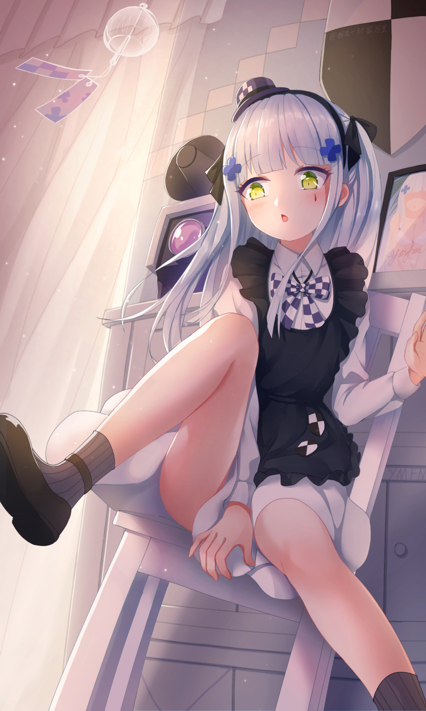 1girl absurdres bare_legs between_legs black_dress blush bow bowtie checkered checkered_neckwear dress facepaint facing_viewer feet_out_of_frame girls_frontline green_eyes hair_ornament hairclip hand_between_legs hat highres hk416_(girls_frontline) indoors iron_cross knee_up long_hair looking_to_the_side mini_hat on_chair silver_hair sitting solo spread_legs teardrop white_dress wo_you_yibei_jia_wanli younger