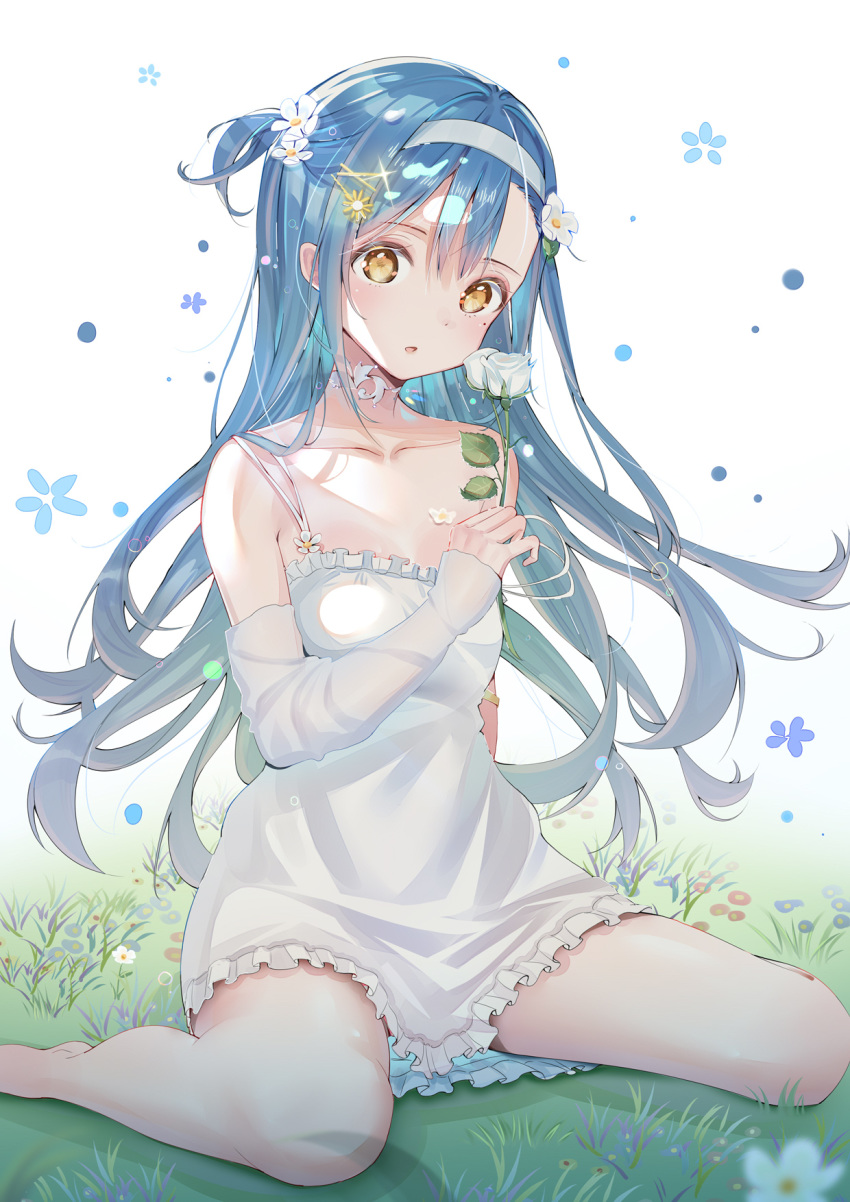 1girl bangs blue_hair bokutachi_wa_benkyou_ga_dekinai collarbone detached_sleeves dress flower furuhashi_fumino grass hair_between_eyes hair_flower hair_ornament hairband hairclip highres holding holding_flower long_hair looking_at_viewer painttool_sai_(medium) simple_background sitting solo sr._l wariza yellow_eyes