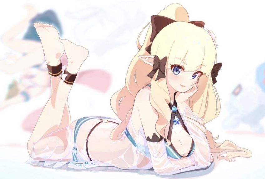 1girl bangs bikini black_bow blonde_hair blue_eyes blush bow breasts elf eyebrows_visible_through_hair flower hair_bow hair_flower hair_ornament large_breasts long_hair looking_at_viewer open_mouth pointy_ears ponytail princess_connect! princess_connect!_re:dive saren_(princess_connect!) smile solo swimsuit tisshu_no_hako