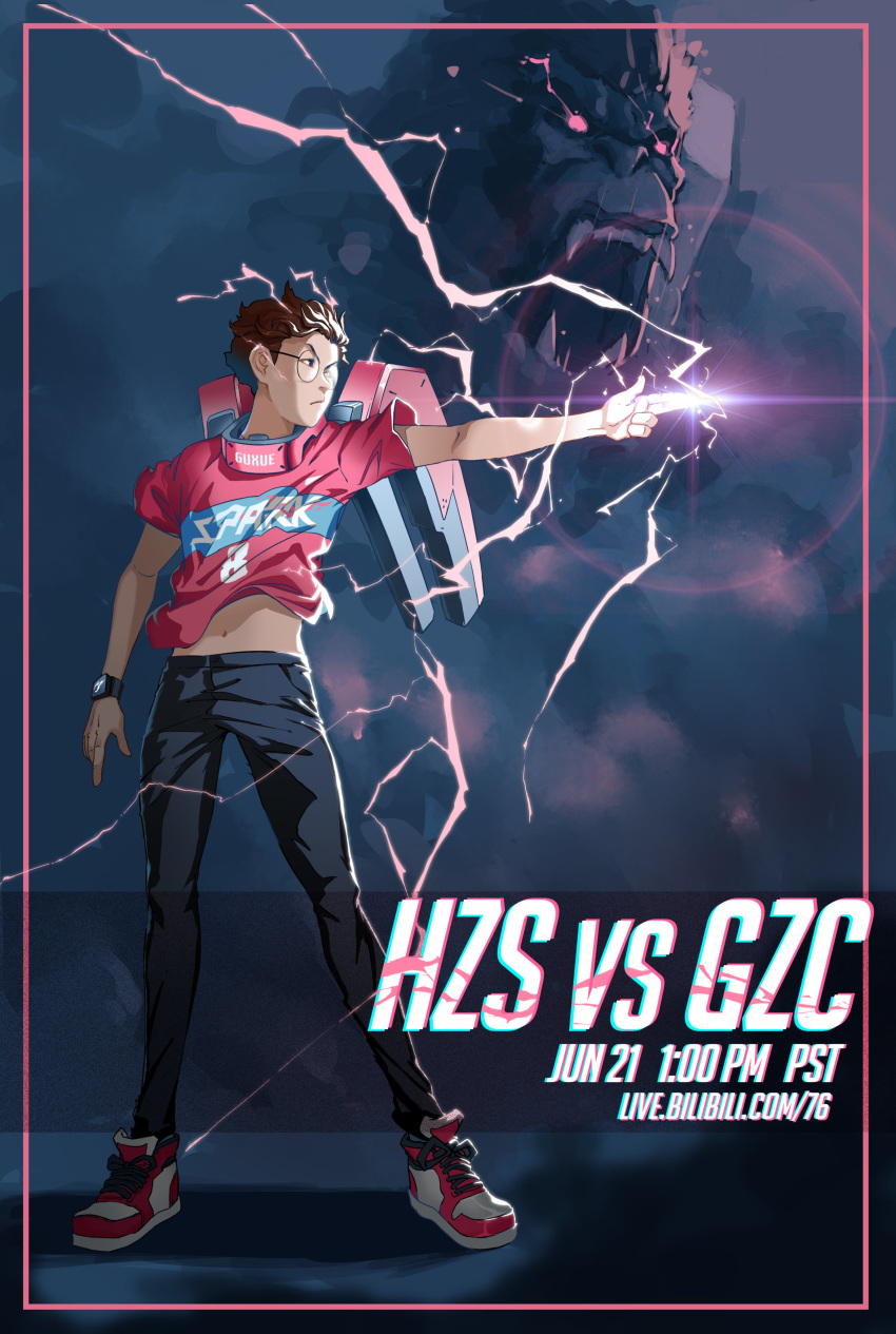 1boy absurdres character_name cosplay electricity finger_gun full_body guxue_(gamer) hangzhou_spark highres jersey navel official_art overwatch overwatch_league pants poster real_life shoes sneakers winston_(overwatch) winston_(overwatch)_(cosplay)