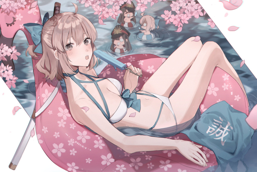 4girls ahoge bikini bird blush breasts brown_hair cherry_blossoms chibi collarbone commentary_request fate/grand_order fate_(series) feet_out_of_frame flamingo food grey_eyes highres holding holding_food innertube jacket jacket_removed katana looking_at_viewer lying medium_breasts medium_hair multiple_girls navel oda_nobunaga_(fate)_(all) okita_souji_(fate)_(all) okita_souji_(swimsuit_assassin)_(fate) on_back open_mouth partially_submerged popsicle sheath swimsuit sword weapon white_bikini yurumawari