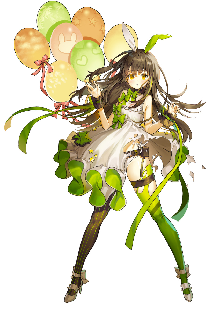 1girl :o absurdres balloon bangs bare_shoulders black_legwear blush bow breasts brown_eyes brown_hair dress eyebrows_visible_through_hair full_body girls_frontline green_bow green_legwear grey_bow grey_footwear hands_up high_heels highres hyoin long_hair m4a1_(girls_frontline) mismatched_legwear panties parted_lips photoshop_(medium) polka_dot polka_dot_bow red_bow shoes side-tie_panties simple_background sleeveless sleeveless_dress small_breasts solo standing striped striped_legwear thigh-highs torn_clothes torn_dress underwear vertical-striped_legwear vertical_stripes very_long_hair white_background white_dress white_panties wrist_cuffs yellow_bow