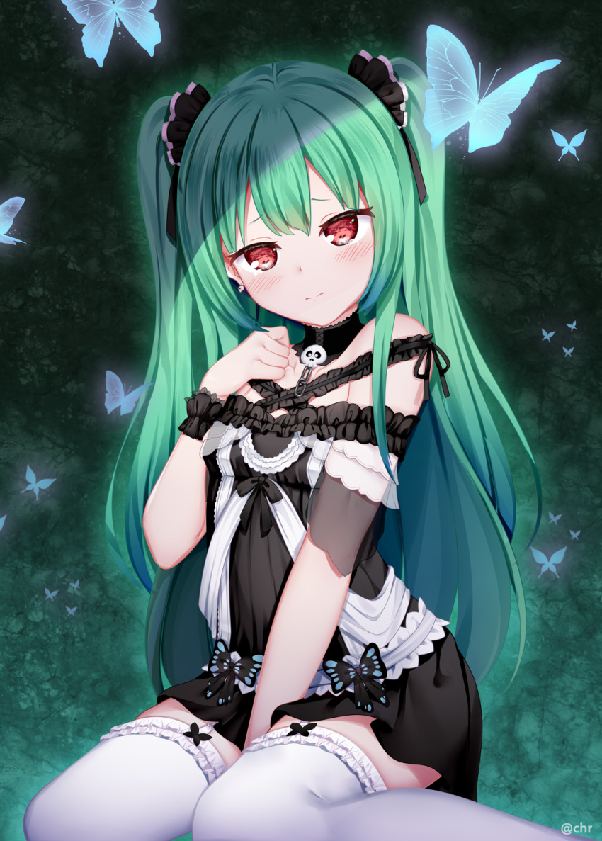 1girl animal bangs bare_shoulders between_legs black_collar black_dress black_ribbon blush breasts bug butterfly chain chrisandita closed_mouth collar dress eyebrows_visible_through_hair frilled_legwear green_hair hair_ribbon hand_between_legs hand_up highres hololive insect looking_at_viewer red_eyes ribbon see-through sitting skull small_breasts solo thigh-highs twitter_username two_side_up uruha_rushia virtual_youtuber wariza white_legwear