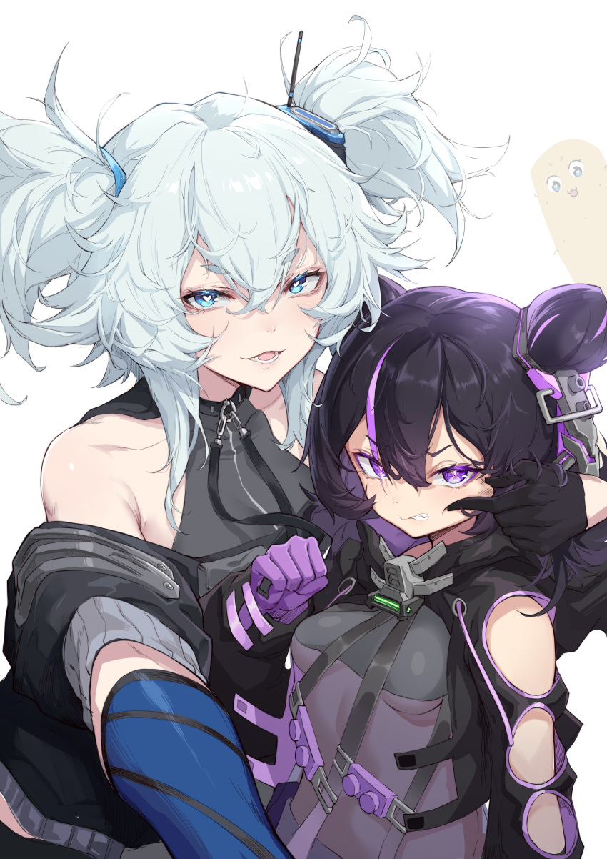 1other 2girls absurdres annoyed aqua_eyes aqua_hair cheek_poking clenched_teeth double_bun girls_frontline grabbing heart heart-shaped_pupils highres kac-pdw_(girls_frontline) multicolored_hair multiple_girls pa-15_(girls_frontline) poking purple_hair see-through shanyao_jiang_tororo simple_background symbol-shaped_pupils teeth two-tone_hair two_side_up violet_eyes