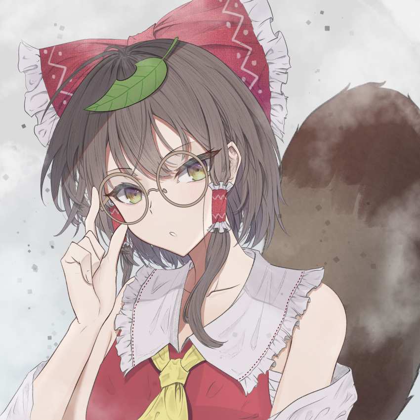 1girl absurdres ahoge ascot bangs bare_shoulders bow brown_eyes brown_hair detached_sleeves eyebrows_visible_through_hair eyes_visible_through_hair frilled_bow frills futatsuiwa_mamizou glasses hair_bow hair_tubes hakurei_reimu hand_up hegata_(hegatia_lapis) highres holding holding_eyewear leaf leaf_on_head looking_at_viewer medium_hair raccoon_tail red_bow sarashi shirt sleeveless sleeveless_shirt tail touhou transformation yellow_neckwear