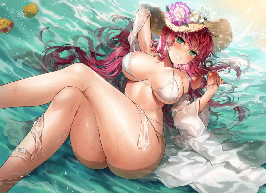 1girl azur_lane beach bikini breasts chanel flower flower_hat gijang green_eyes hat hat_flower in_water long_hair multiple_straps ocean redhead sheer_clothes straw_hat sun_hat sunglasses surcouf_(azur_lane) surcouf_(loisirs_balneaires)_(azur_lane) swimsuit two-tone_swimsuit wet wet_clothes wet_swimsuit white_bikini