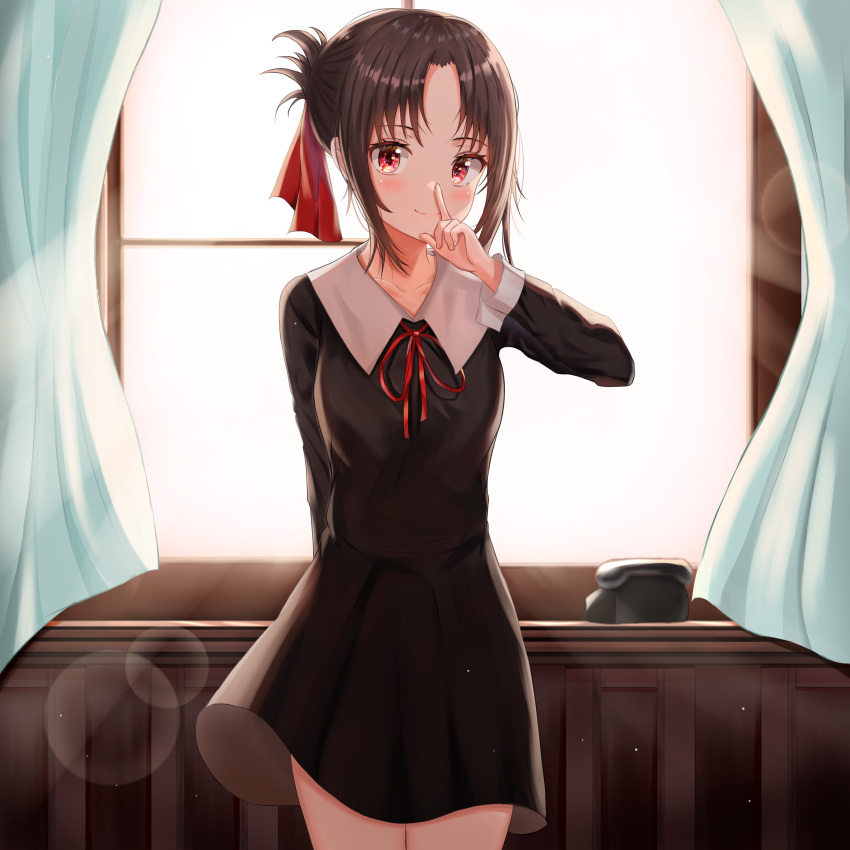 1girl absurdres backlighting bangs black_dress blush breasts brown_hair closed_mouth collarbone collared_dress commentary_request cowboy_shot curtains dress eyebrows_visible_through_hair finger_to_mouth folded_ponytail hair_ribbon highres indoors kaguya-sama_wa_kokurasetai_~tensai-tachi_no_renai_zunousen~ long_sleeves looking_at_viewer parted_bangs pinafore_dress red_eyes red_ribbon ribbon school_uniform shinomiya_kaguya short_hair sidelocks smile solo standing window zeroillya