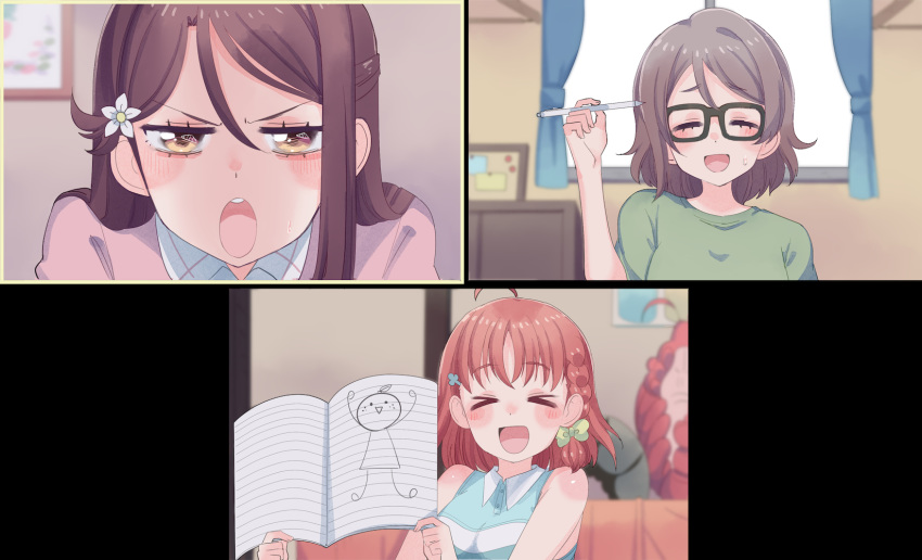 &gt;_&lt; angry antenna_hair bedroom blue_shirt blurry blurry_background blush book bow brown_hair closed_eyes clover_hair_ornament collared_shirt commentary cream_(nipakupa) drawing flower four-leaf_clover_hair_ornament glasses green_bow green_shirt hair_flower hair_ornament highres holding holding_book love_live! love_live!_sunshine!! orange_hair pen pink_sweater redhead sakurauchi_riko shirt sketchbook sleeveless sleeveless_shirt striped striped_shirt sweatdrop sweater takami_chika video_call watanabe_you yellow_eyes