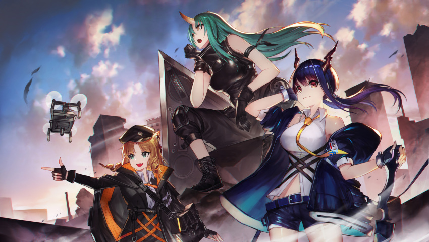 3girls :d absurdres animal_ears arknights arm_on_knee armband bag bangs black_footwear black_gloves black_headwear black_jacket black_pants black_shirt black_skirt blue_hair blue_jacket blue_shorts blue_sky boots breastplate breasts building cabbie_hat ch'en_(arknights) city closed_mouth clouds cloudy_sky collared_shirt commentary cowboy_shot cross-laced_footwear day dragon_horns dress_shirt drill_hair drone english_commentary fang finger_gun fingerless_gloves gloves green_eyes green_hair hand_in_hair hand_on_hilt hannya_(arknights) hat highres horns hoshiguma_(arknights) jacket jun_wei light_smile lion_ears long_hair medium_breasts midriff multiple_girls necktie off_shoulder oni_horns open_clothes open_jacket open_mouth orange_hair outdoors pants parted_bangs photoshop_(medium) pointing red_eyes shield shirt short_shorts shorts shoulder_bag side_drill sitting skirt sky sleeveless sleeveless_shirt smile swire_(arknights) sword turtleneck twin_drills twintails weapon white_shirt wind wing_collar yellow_eyes yellow_neckwear