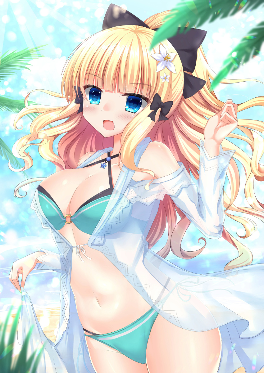 1girl 417taka absurdres bangs bikini black_bow blonde_hair blue_eyes blush bow breasts elf eyebrows_visible_through_hair flower hair_bow hair_flower hair_ornament highres large_breasts long_hair looking_at_viewer open_mouth pointy_ears ponytail princess_connect! princess_connect!_re:dive saren_(princess_connect!) smile solo swimsuit