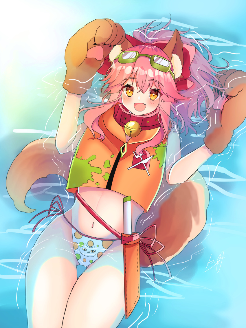 1girl absurdres animal_ear_fluff animal_ears bell bell_collar bikini blush cat_paws collar commentary commentary_request eyebrows_visible_through_hair fang fate/grand_order fate_(series) fox_ears fox_girl fox_tail gloves hair_ribbon highres jingle_bell long_hair looking_at_viewer loska open_mouth paw_gloves paws pink_hair red_ribbon ribbon solo swimsuit tail tamamo_(fate)_(all) tamamo_cat_(fate) yellow_eyes