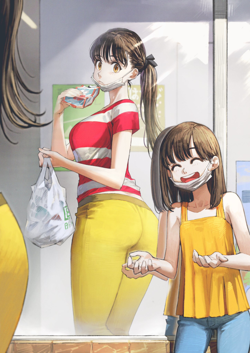 2girls ^_^ ^o^ ass bag blue_pants breasts brown_eyes brown_hair child closed_eyes closed_mouth commentary cowboy_shot denim drinking eyelashes flat_chest grocery_bag highres holding holding_bag jeans juice_box jun_(seojh1029) long_hair looking_at_viewer mask medium_breasts medium_hair midriff_peek mirror mouth_mask multiple_girls open_mouth orange_tank_top original pants plastic_bag ponytail red_shirt reflection shirt shopping_bag short_sleeves smile striped striped_shirt surgical_mask t-shirt tank_top twisted_torso yellow_pants