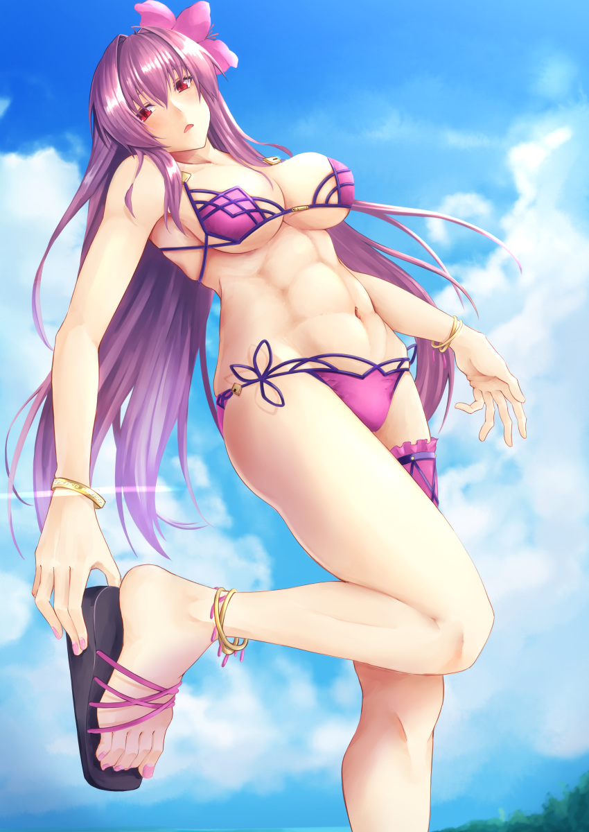 1girl abs absurdres adjusting_footwear alternate_costume bikini bracelet breasts clouds cloudy_sky fate/grand_order fate_(series) flower hair_flower hair_intakes hair_ornament hibiscus highres jewelry kuromu large_breasts leg_garter navel outdoors pink_bikini purple_bikini purple_hair red_eyes sandals scathach_(fate)_(all) scathach_(fate/grand_order) scathach_(swimsuit_assassin)_(fate) sky swimsuit