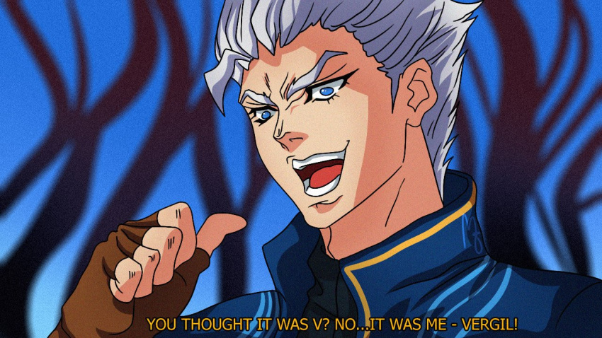 1boy blue_eyes blurry blurry_background depth_of_field devil_may_cry devil_may_cry_5 fingerless_gloves gloves grey_hair jojo_no_kimyou_na_bouken kono_dio_da meme misery16 open_mouth pointing pointing_at_self spoilers teeth too_bad!_it_was_just_me! vergil