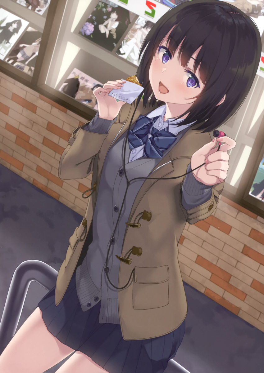 1girl :d absurdres bangs black_hair blue_eyes blue_skirt blush bow bowtie brown_coat buttons cardigan coat collared_shirt cowboy_shot duffel_coat earphones eyebrows_visible_through_hair fingernails food grey_cardigan highres holding holding_food lips long_sleeves looking_at_viewer miniskirt open_clothes open_coat open_mouth original photo_(object) pleated_skirt scan school_uniform shiny shiny_hair shiny_skin shirt short_hair skirt smile solo unasaka_ryou undershirt violet_eyes white_shirt