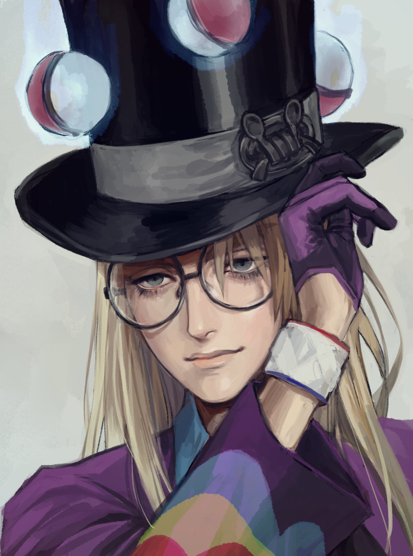 blonde_hair blue_eyes eyelashes glasses gloves grey_background hand_on_headwear hat highres long_hair meron_nouka poke_ball pokemon pokemon_(game) pokemon_swsh round_eyewear savory_(pokemon) simple_background single_glove smile top_hat upper_body