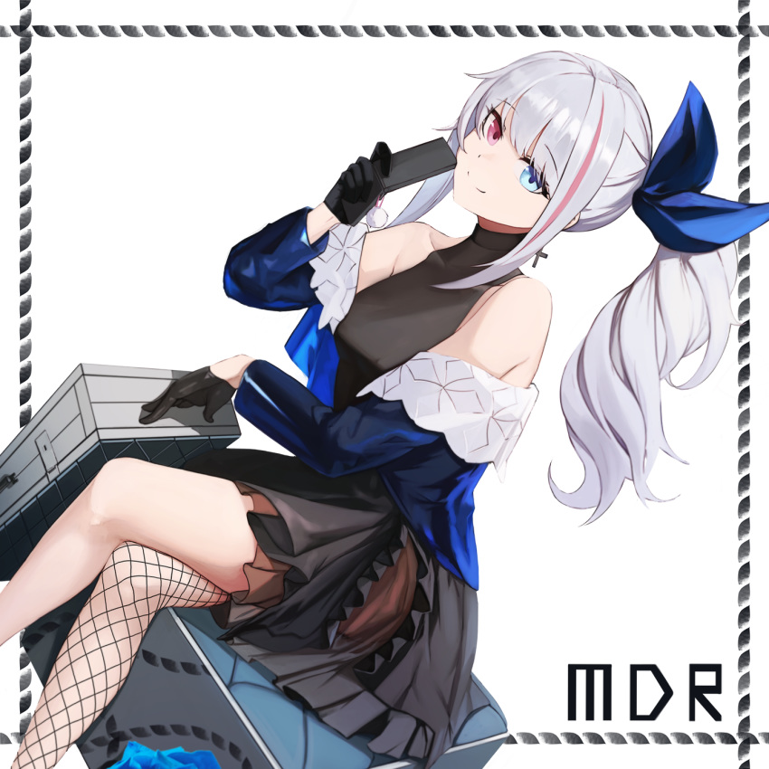 1girl anizi asymmetrical_legwear bangs bare_shoulders black_dress black_gloves blue_bow blue_eyes bow breasts briefcase cellphone character_name commentary_request cross cross_earrings dress earrings embroidery eyebrows_visible_through_hair feet_out_of_frame fishnet_legwear fishnets flip_phone full_body girls_frontline gloves grey_hair hair_ornament hand_on_briefcase heterochromia highres holding holding_phone jewelry leaning_to_the_side long_hair looking_at_viewer mdr_(girls_frontline) multicolored_hair off_shoulder phone pink_eyes ponytail ribbon shoes sidelocks silver_hair simple_background single_thighhigh sitting smile solo streaked_hair thigh-highs white_background