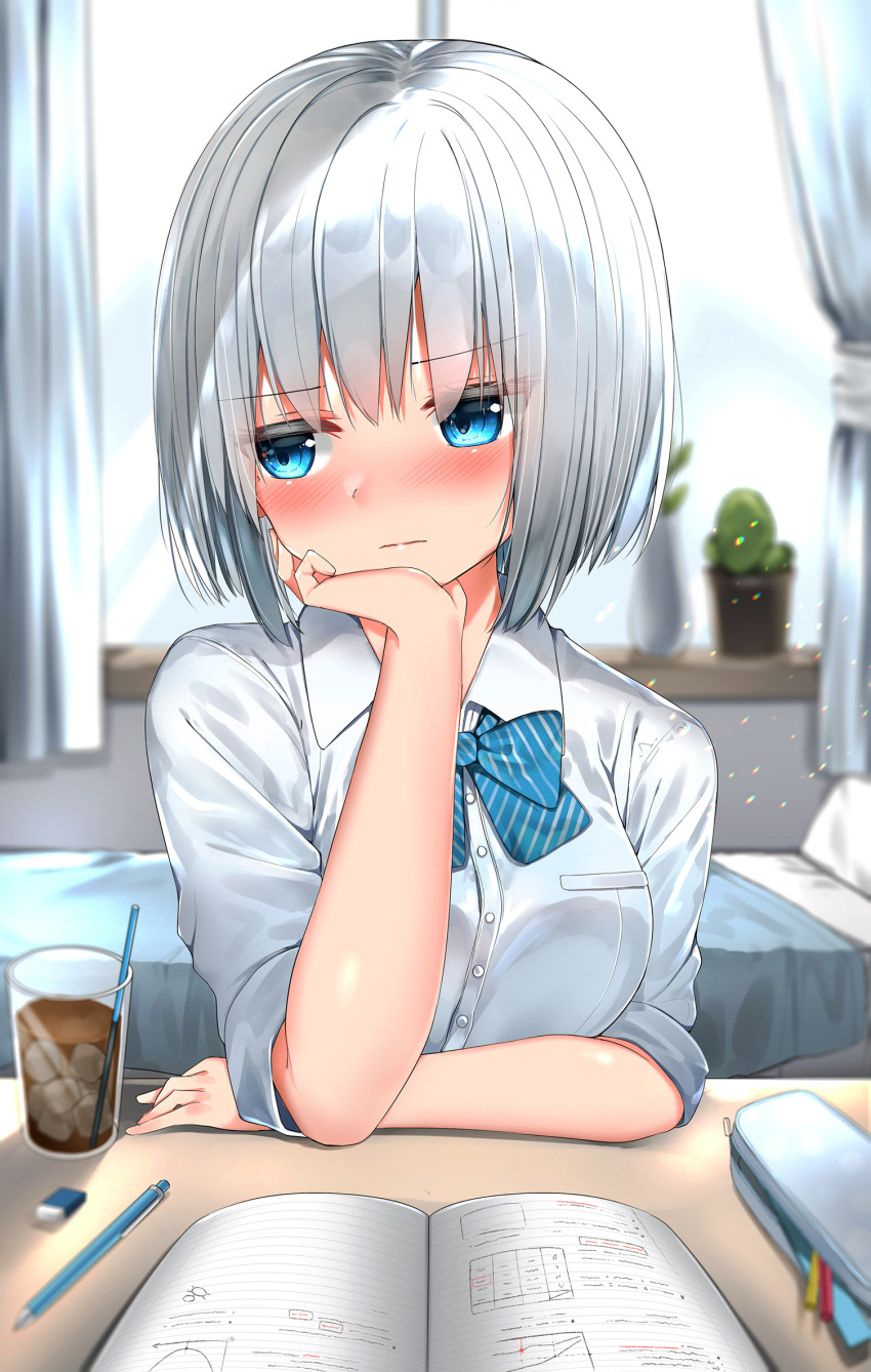 1girl bangs bed blue_bow blue_eyes blurry blurry_background blush bow breasts cactus chin_rest closed_mouth collared_shirt commentary_request cup curtains day depth_of_field diagonal_stripes dress_shirt drink drinking_glass drinking_straw eyebrows_visible_through_hair highres ice ice_cube indoors looking_away looking_to_the_side medium_breasts neku_(neku_draw) nose_blush original pillow plant potted_plant school_uniform shirt short_hair short_sleeves silver_hair solo striped striped_bow upper_body white_shirt window