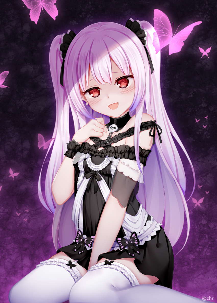 1girl :d animal bangs bare_shoulders between_legs black_collar black_dress black_ribbon blush breasts bug butterfly chain chrisandita collar dress eyebrows_visible_through_hair frilled_legwear hair_ribbon hand_between_legs hand_up highres hololive insect looking_at_viewer open_mouth pink_hair red_eyes ribbon see-through shaded_face sitting skull small_breasts smile solo thigh-highs twitter_username two_side_up uruha_rushia virtual_youtuber wariza white_legwear