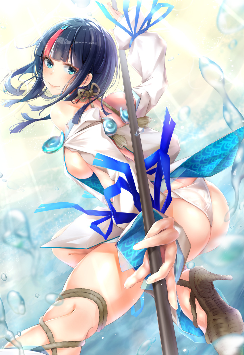 1girl absurdres ass back bangs bare_shoulders black_hair blue_eyes blue_ribbon blush breasts clip_studio_paint_(medium) closed_mouth detached_leggings dress fate/grand_order fate/requiem fate_(series) fundoshi high_heels highres japanese_clothes jewelry large_breasts long_sleeves looking_at_viewer looking_back magatama magatama_hair_ornament medium_hair multicolored_hair necklace pelvic_curtain pink_hair polearm puffy_long_sleeves puffy_sleeves ribbon short_dress sideboob sideless_outfit smile spear streaked_hair thighs utsumi_erise water weapon white_dress white_legwear yakku