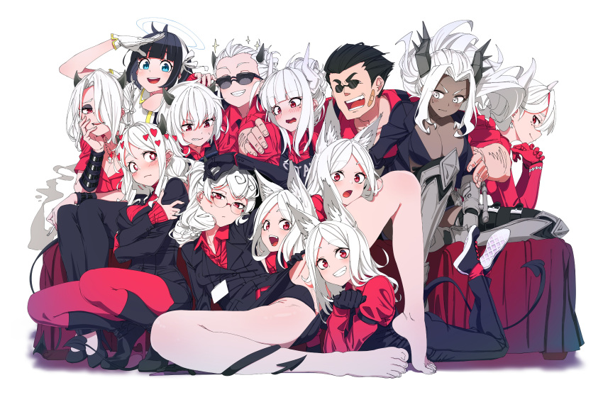 1boy 6+girls :d absurdres animal_ears apron arm_up azazel_(helltaker) bandaid bangs bare_legs barefoot beelzebub_(helltaker) black-framed_eyewear black_hair black_horns black_panties black_suit black_tail black_vest blue_eyes blush boots breasts cerberus_(helltaker) cigarette closed_eyes closed_mouth clothes_writing commentary demon_girl demon_tail dog_ears dog_girl eyebrows_visible_through_hair fang formal glasses gloves grin hair_between_eyes hair_over_one_eye halo heart heart-shaped_pupils helltaker helltaker_(character) highres horns hug hug_from_behind jacket jewelry judgement_(helltaker) justice_(helltaker) long_hair long_sleeves looking_at_another looking_at_viewer lucifer_(helltaker) lying malina_(helltaker) modeus_(helltaker) multiple_girls multiple_persona necktie on_stomach one_eye_closed open_mouth pandemonica_(helltaker) panties pantyhose ponytail red_eyes red_shirt shinomu_(cinomoon) shirt short_hair simple_background sitting smile sparkle spread_legs suit sunglasses sweatdrop symbol-shaped_pupils tail triplets underwear vest white_background white_hair white_horns zdrada_(helltaker)