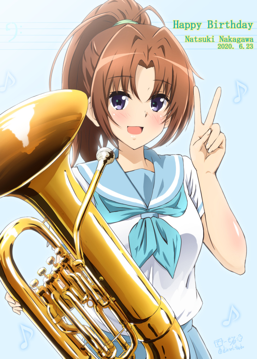 1girl artist_name bass_clef blue_background blue_neckwear blush brown_hair commentary_request dated diesel-turbo eighth_note eyebrows_visible_through_hair hair_between_eyes hair_intakes happy_birthday hibike!_euphonium highres holding holding_instrument instrument looking_at_viewer musical_note nakagawa_natsuki neckerchief open_mouth ponytail sailor_collar sidelocks simple_background solo tuba upper_body v violet_eyes white_serafuku
