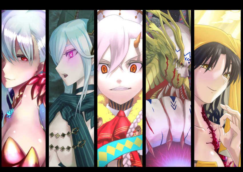 +_+ 1boy 4girls absurdres armlet armor bangs bare_shoulders bikini_armor black_hair braid breasts cape cheekbones chest_tattoo cleavage collar crossed_bangs curled_horns detached_sleeves disintegration dress earrings evil_grin evil_smile facial_mark fate/extra fate/extra_ccc fate/grand_order fate_(series) floating floating_object forehead_mark gloves glowing_tattoo goetia_(fate/grand_order) grin habit hair_ribbon hands_on_own_chest highres hood hooded hooded_cape horn_ornament horn_ring horned_hood horns jewelry kama_(fate/grand_order) large_breasts long_braid long_hair long_horns looking_at_viewer metal_collar multiple_girls nun orange_peel pointy_ears purple_sleeves red_eyes ribbon sesshouin_kiara side_braid sideboob silver_hair single_horn smile striped striped_gloves symbol-shaped_pupils tattoo tiamat_(fate/grand_order) u-olga_marie underboob veil vertical-striped_gloves very_long_hair vxyzb0gvtiouiqp wavy_hair white_hair yellow_eyes