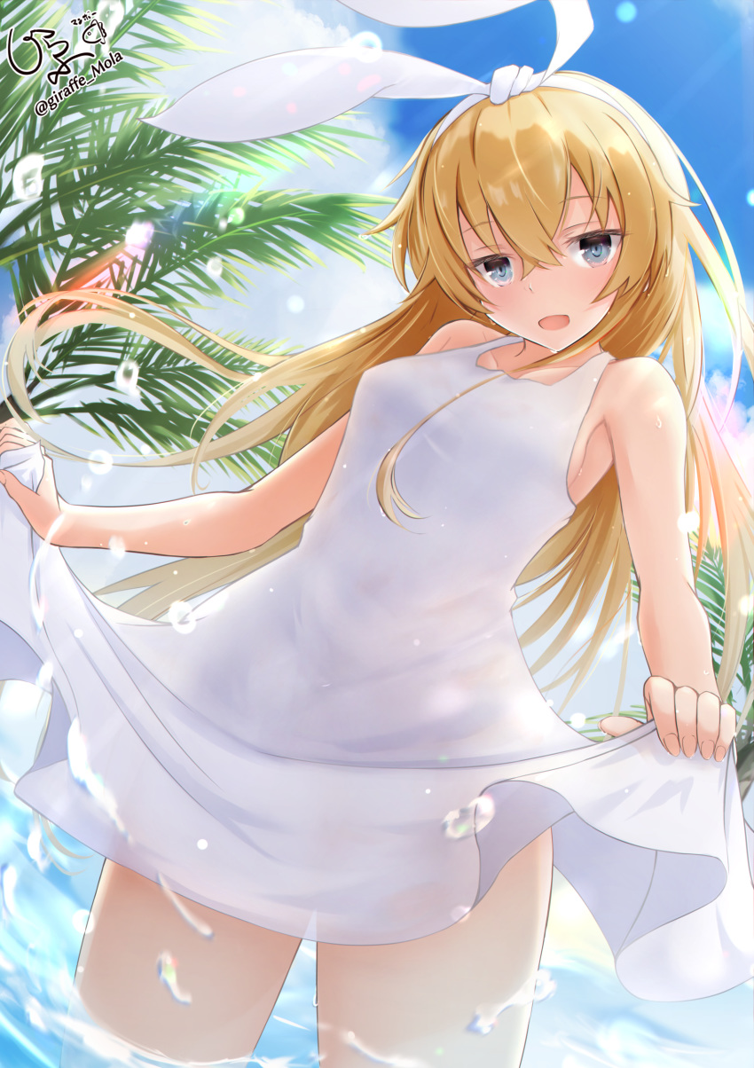 1girl absurdres alternate_costume bare_shoulders blonde_hair blue_sky blush breasts clouds day dress eyebrows_visible_through_hair giraffe_(ilconte) grey_eyes headband highres in_water kantai_collection long_hair looking_at_viewer medium_breasts open_mouth outdoors palm_leaf shimakaze_(kantai_collection) sky sleeveless sleeveless_dress smile solo sundress water wet wet_clothes white_dress white_headband