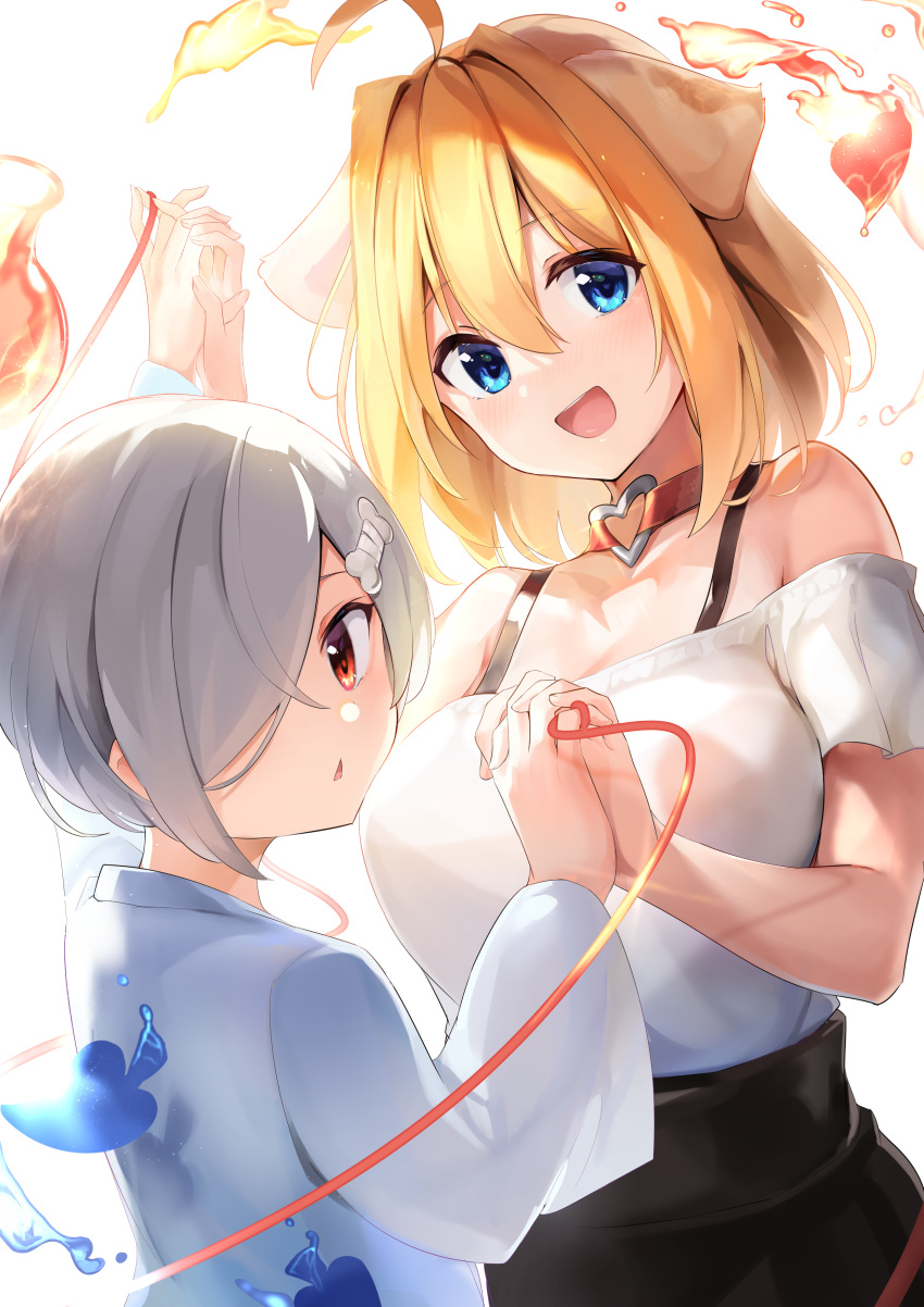 2girls :d absurdres animal_ears arm_up bangs bare_shoulders black_skirt blue_eyes blush breasts brown_hair collar commentary_request dog_ears eyebrows_visible_through_hair grey_hair hair_between_eyes hair_over_one_eye heart_ring highres holding_hands long_sleeves looking_at_viewer looking_back maeshimashi medium_breasts multiple_girls off-shoulder_shirt off_shoulder open_mouth original parted_lips red_collar red_eyes red_string shirt short_hair short_sleeves skirt smile string string_around_finger white_shirt wide_sleeves