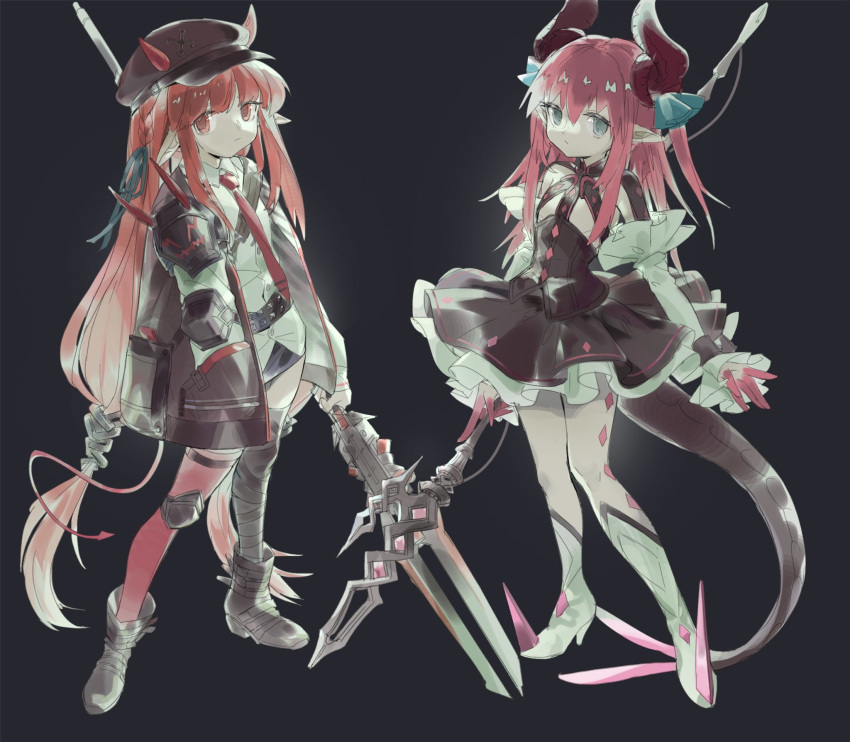 2girls :| arknights bandaged_leg bandages bangs belt black_footwear black_headwear black_jacket blue_eyes blue_ribbon boots cabbie_hat closed_mouth detached_sleeves dragon_horns dragon_tail elizabeth_bathory_(fate) elizabeth_bathory_(fate)_(all) expressionless fate/grand_order fate_(series) frilled_skirt frills green_eyes grey_background hair_ribbon hands_in_pocket hat high_heel_boots high_heels highres holding holding_spear holding_weapon horn_ornament horn_ribbon horns jacket knee_boots long_hair looking_at_viewer low-tied_long_hair mismatched_legwear multiple_girls necktie nemo_(leafnight) open_clothes open_jacket pink_hair pointed_footwear pointy_ears polearm red_eyes red_legwear red_neckwear redhead ribbon shirt sidelocks simple_background single_thighhigh skirt spear tail thigh-highs trait_connection very_long_hair vigna_(arknights) weapon weapon_connection white_footwear white_shirt