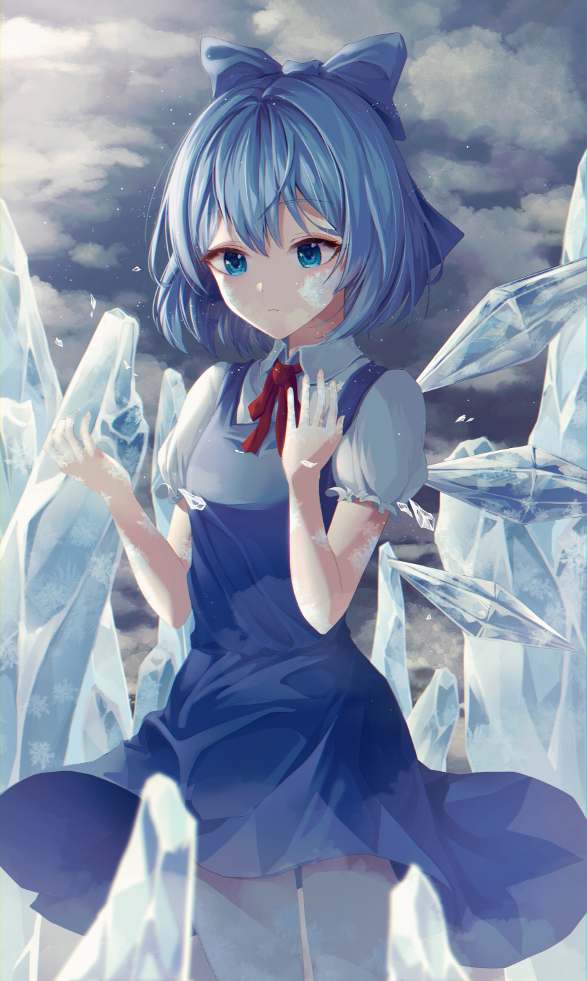 1girl absurdres bangs blue_bow blue_dress blue_eyes blue_hair bow cirno clip_studio_paint_(medium) collared_shirt dress eyebrows_visible_through_hair frown hair_between_eyes hair_bow highres ice ice_wings looking_at_viewer nankam neck_ribbon pinafore_dress puffy_short_sleeves puffy_sleeves red_neckwear red_ribbon ribbon shirt short_hair short_sleeves solo standing touhou white_shirt wing_collar wings