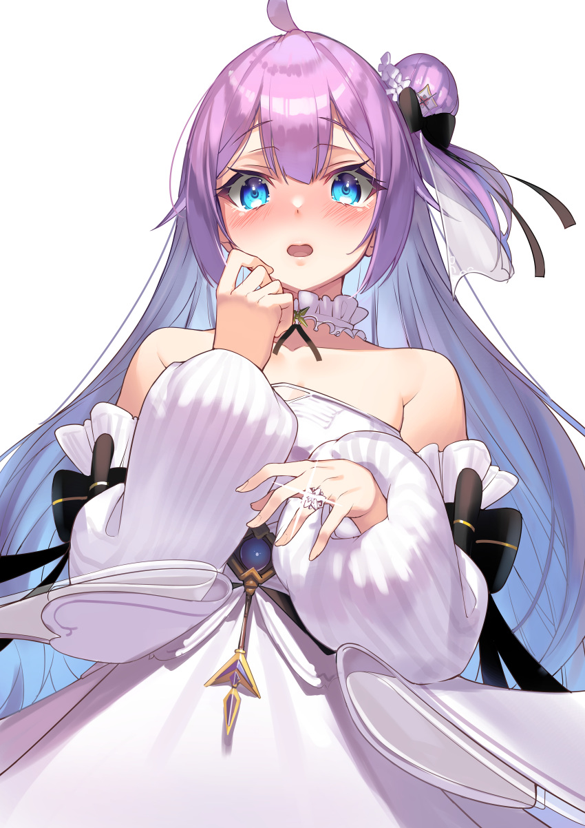 1girl absurdres ahoge azur_lane bangs bare_shoulders blue_eyes blush commentary dress eyebrows_visible_through_hair hair_between_eyes hair_bun hair_ribbon hand_to_own_mouth highres huge_filesize jewelry long_hair long_sleeves looking_at_viewer open_mouth purple_hair ribbon ring side_bun simple_background solo strapless strapless_dress unicorn_(a_dream_of_pure_vows)_(azur_lane) unicorn_(azur_lane) very_long_hair wedding_dress wedding_ring white_background white_dress yamanokami_eaka