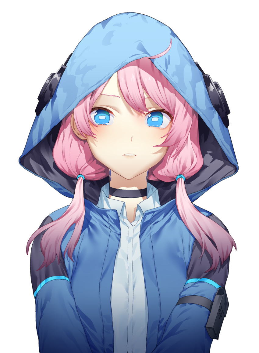 1girl arknights blue_eyes blue_hoodie blue_jacket blue_poison_(arknights) collared_shirt english_commentary frog_eyes frog_girl highres jacket pink_hair shinidei shirt solo tears white_background white_shirt
