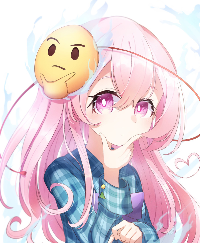 1girl ametama_(runarunaruta5656) bow bright_pupils circle closed_mouth emoji eyebrows_visible_through_hair hair_between_eyes hata_no_kokoro highres long_hair looking_at_viewer mask mask_on_head pink_eyes pink_hair plaid plaid_shirt purple_bow purple_neckwear red_ribbon ribbon shirt simple_background solo thinking thinking_emoji touhou triangle white_background white_pupils