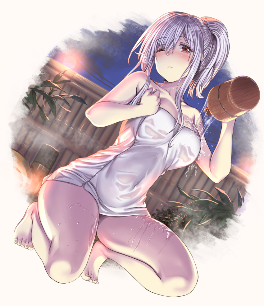 1girl aldehyde bangs barefoot bath bathing blush breasts brown_eyes bucket closed_mouth commentary_request covering eyebrows_visible_through_hair hair_between_eyes high_ponytail highres holding holding_towel large_breasts long_hair naked_towel neeko neeko_wa_tsurai_yo neet night night_sky nude_cover one_eye_closed onsen outdoors plant sidelocks silver_hair sky squatting steam thighs towel water wet white_towel wooden_bucket