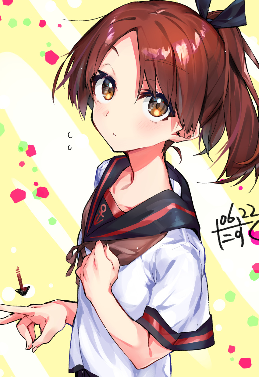 1girl absurdres anchor_symbol arrow_(symbol) black_sailor_collar black_skirt blush brown_eyes brown_hair dated eyebrows_visible_through_hair fingernails highres kantai_collection narumiya_(empty_cafe) ponytail remodel_(kantai_collection) sailor_collar school_uniform serafuku shikinami_(kantai_collection) short_hair short_sleeves signature skirt solo