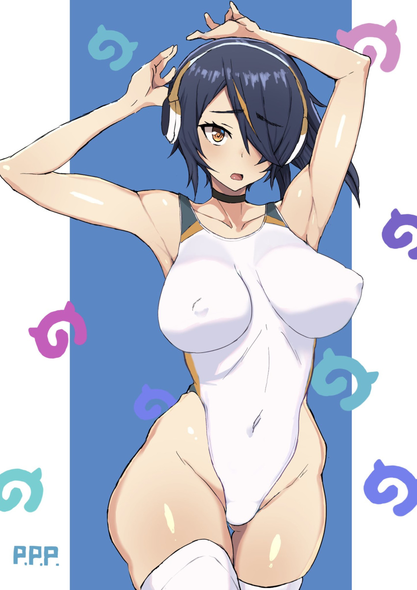 1girl armpits arms_up ass_visible_through_thighs black_hair blue_background breasts brown_eyes commentary_request covered_navel covered_nipples cowboy_shot emperor_penguin_(kemono_friends) hair_over_one_eye headphones highleg highleg_leotard highleg_swimsuit highres japari_symbol kemono_friends large_breasts leotard long_hair looking_at_viewer mordeth multicolored_hair solo swimsuit thigh-highs thigh_gap two-tone_background white_background white_legwear white_swimsuit