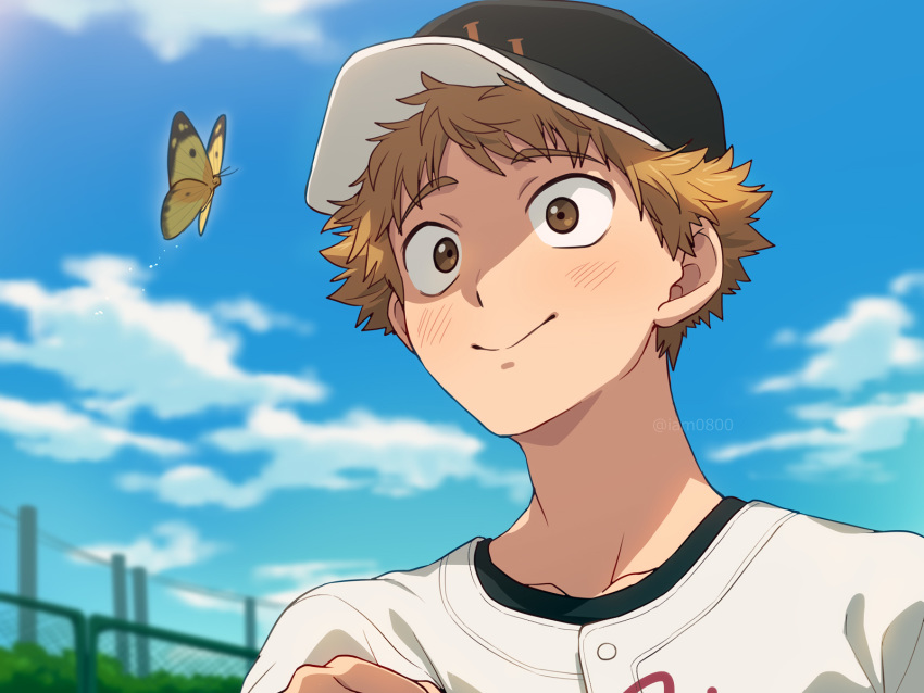 1boy baseball_cap baseball_jersey blush brown_eyes brown_hair bug butterfly day hat highres insect looking_at_viewer male_focus mihashi_ren ookiku_furikabutte outdoors sayshownen smile solo upper_body yellow_butterfly