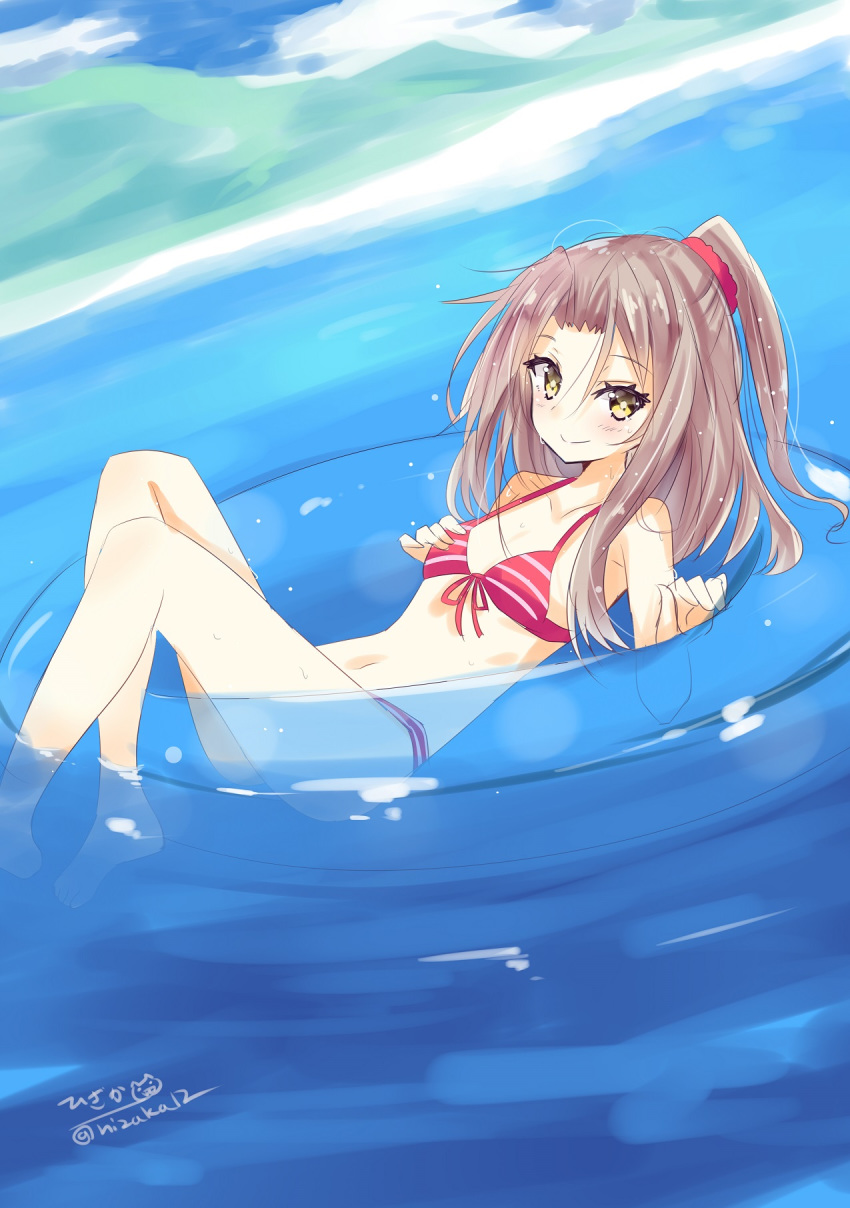 1girl alternate_costume bikini blue_sky blush breasts brown_eyes brown_hair closed_mouth clouds day eyebrows_visible_through_hair hair_ribbon highres hizaka kantai_collection lifebuoy long_hair looking_at_viewer lying navel ocean on_back outdoors ponytail ribbon sky small_breasts smile solo striped striped_bikini swimsuit twitter_username water zuihou_(kantai_collection)