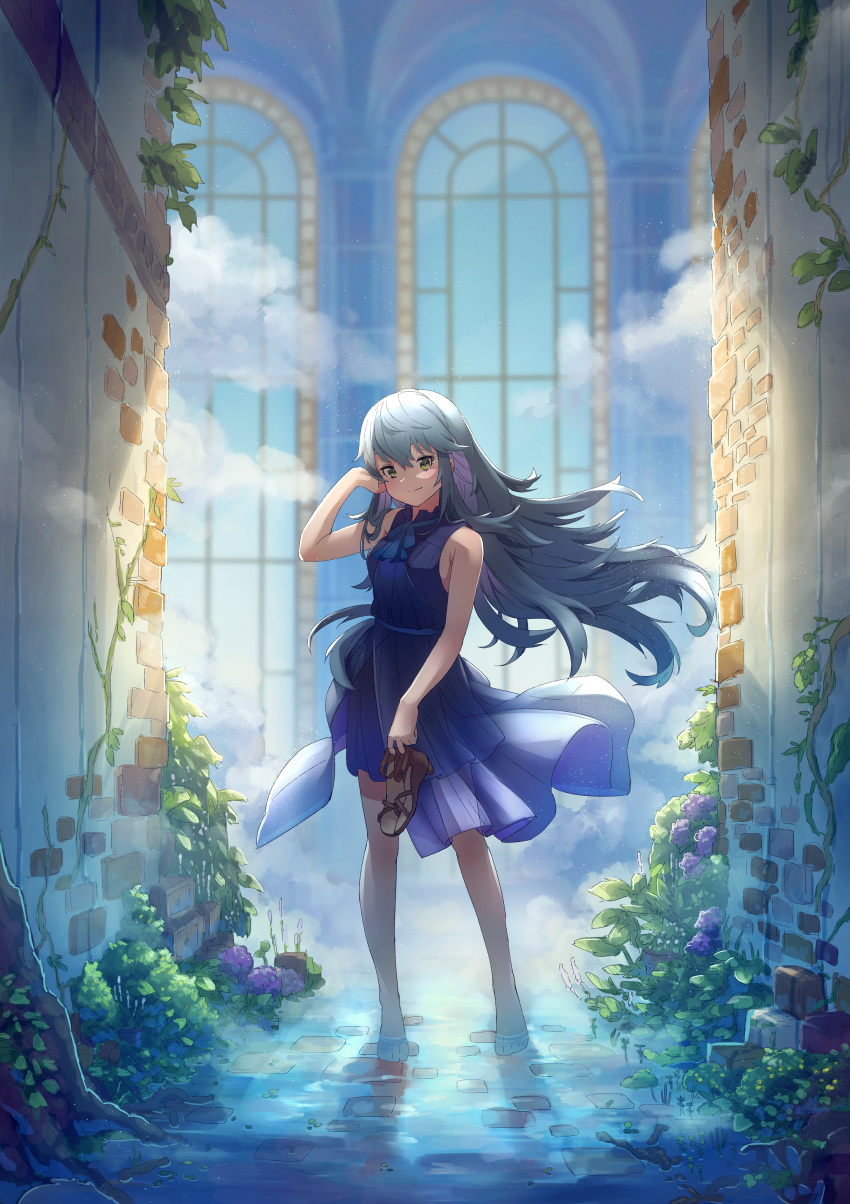 1girl absurdres bangs bare_arms bare_shoulders blue_dress blue_ribbon blush breasts brown_footwear commentary_request day dress flower green_eyes grey_hair hatsuga_(dmaigmai) highres holding holding_shoes huge_filesize long_hair looking_at_viewer medium_breasts neck_ribbon original photoshop_(medium) plant purple_flower ribbon shoes shoes_removed smile solo water