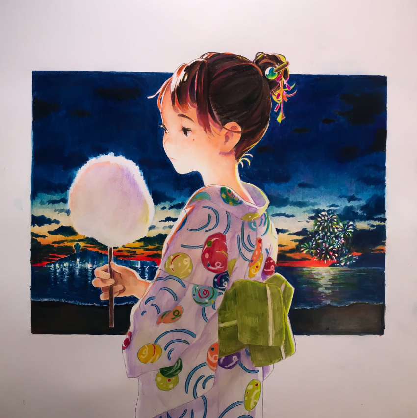 1girl beach brown_hair clouds cloudy_sky cotton_candy dusk hair_bun highres holding holding_candy japanese_clothes kimono mole mole_under_eye nekojarashi_(yuuga) obi original reflection sash sky solo upper_body yukata