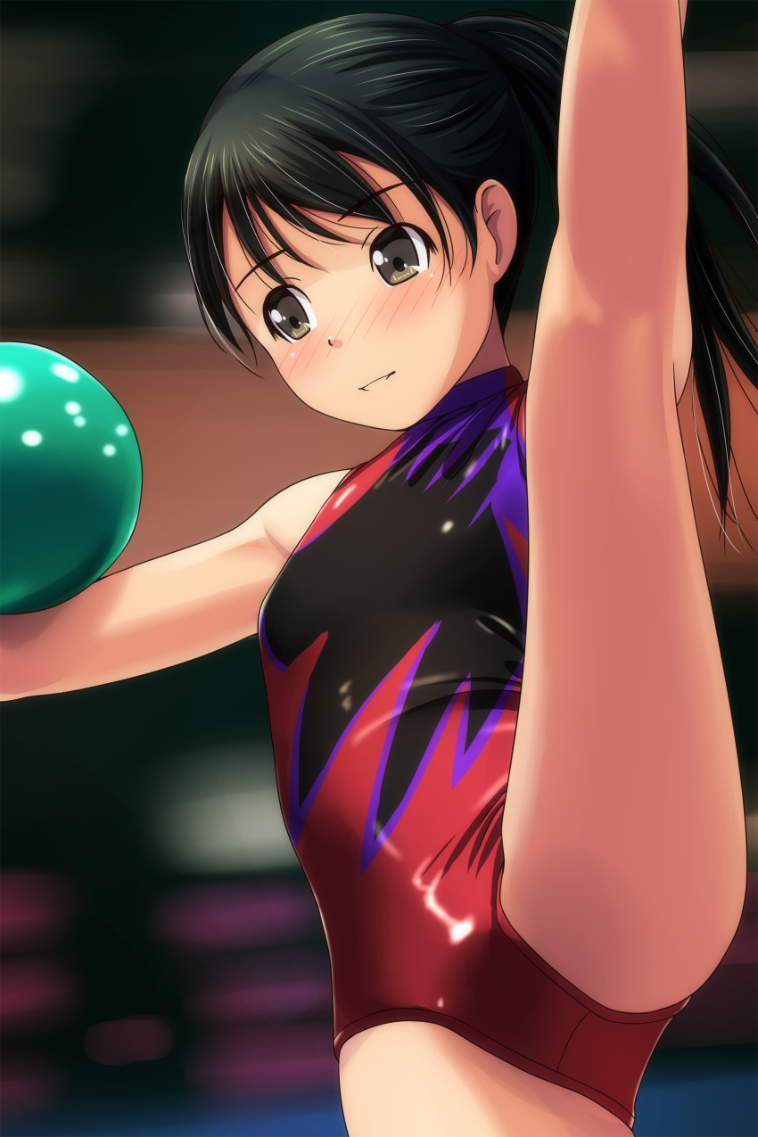 1girl absurdres ball bangs bare_shoulders black_hair blurry blurry_background blush breasts brown_eyes depth_of_field eyebrows_visible_through_hair highres kneepits leg_up leotard long_hair matsunaga_kouyou nose_blush original parted_lips ponytail small_breasts smile solo split standing standing_on_one_leg standing_split