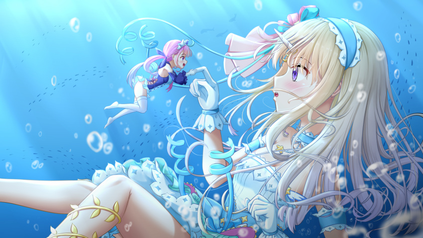 2girls absurdres blonde_hair blush bubble civia commentary_request denfunsan dress drill_hair gloves highres hololive long_hair looking_at_another minato_aqua multiple_girls open_mouth painttool_sai_(medium) photoshop_(medium) purple_hair swimsuit twin_drills underwear virtual_youtuber