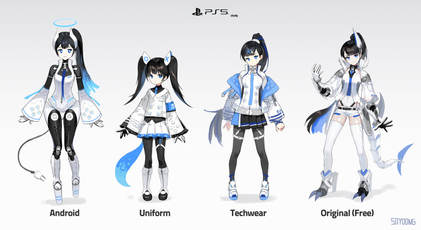 4girls absurdres android arms_at_sides black_hair blue_eyes blue_hair eyebrows_visible_through_hair full_body hair_ornament hairclip halo headgear high_collar highres jacket joints lineup long_hair looking_at_viewer multicolored_hair multiple_girls necktie off-shoulder_jacket original personification photoshop_(medium) playstation_5 ponytail robot_joints shoes shorts skirt sneakers soyoong_jun tail thigh-highs twintails two-tone_hair very_long_hair wide_sleeves