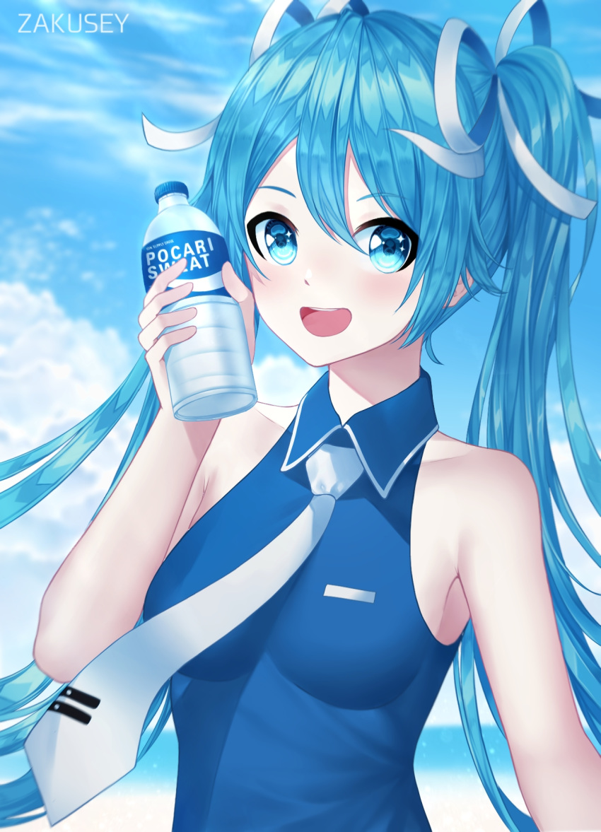 1girl :d alternate_costume artist_name bare_arms bare_shoulders blue_eyes blue_hair blue_shirt blue_sky blush bottle breasts clouds collarbone collared_shirt commentary day grey_neckwear grey_ribbon hair_ribbon hatsune_miku highres holding holding_bottle looking_at_viewer necktie open_mouth outdoors pocari_sweat ribbon shirt sky sleeveless sleeveless_shirt small_breasts smile solo sparkling_eyes upper_body vocaloid water_bottle zakusey