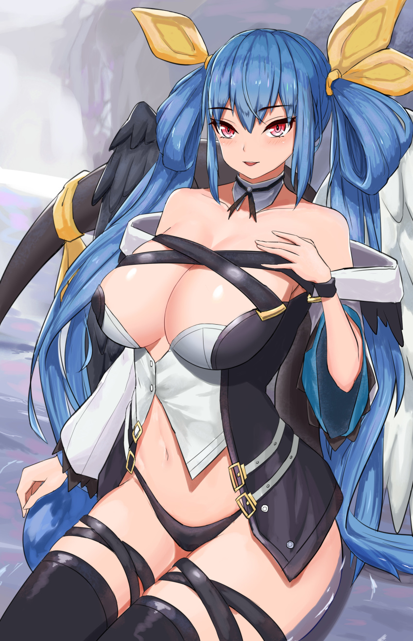 1girl absurdres asymmetrical_wings belt black_legwear black_panties blue_hair breasts choker collarbone detached_sleeves dizzy_(guilty_gear) eyebrows_visible_through_hair guilty_gear guilty_gear_xrd hair_rings highres huge_breasts long_hair midriff miianya monster_girl navel panties parted_lips red_eyes ribbon sitting tail tail_ribbon thigh-highs thigh_gap thigh_strap twintails underwear water wings yellow_ribbon