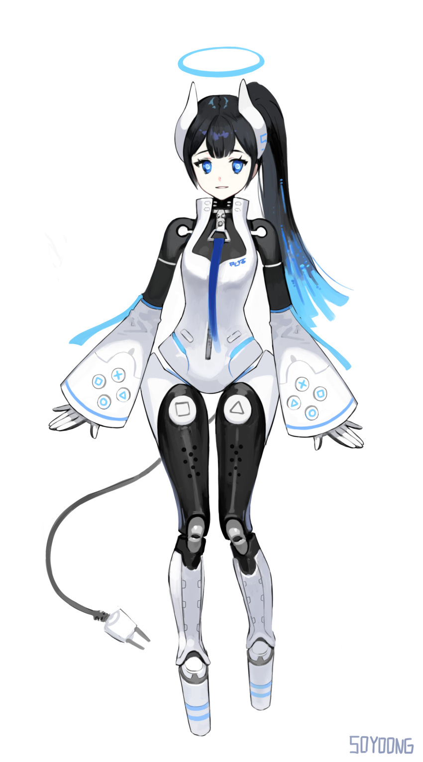 1girl absurdres android arms_at_sides black_hair blue_eyes blue_hair halo highres horns joints long_hair looking_at_viewer mechanical_horns mechanical_tail multicolored_hair original personification photoshop_(medium) playstation_5 ponytail robot_joints solo soyoong_jun tail two-tone_hair wide_sleeves