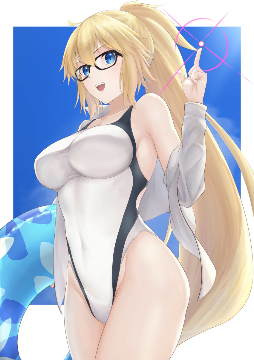 1girl absurdres black-framed_eyewear blonde_hair blue_eyes blue_sky border breasts commentary_request competition_swimsuit covered_navel cowboy_shot fate/grand_order fate_(series) fuwatoromonta glasses highleg highleg_swimsuit highres index_finger_raised jacket jeanne_d'arc_(fate)_(all) jeanne_d'arc_(swimsuit_archer) lens_flare long_hair medium_breasts one-piece_swimsuit open_clothes open_jacket ponytail sky smile solo standing swimsuit whistle whistle_around_neck white_border white_jacket white_swimsuit