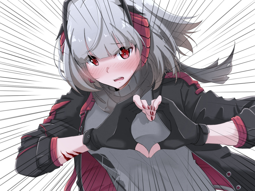 1girl arknights bangs black_gloves black_jacket black_scarf blush emphasis_lines fingerless_gloves gloves grey_hair grey_shirt heart heart_hands highres horns jacket long_sleeves looking_at_viewer nail_polish open_clothes open_jacket open_mouth plasbott red_eyes red_nails scarf shirt short_hair simple_background solo w_(arknights) white_background