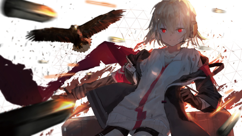1girl action bandaid bandaid_on_face bird blonde_hair bullet eagle girls_frontline gloves gun_case headset highres id_card jacket katann looking_at_viewer off_shoulder red_eyes scarf scarf_removed scw_(girls_frontline) shell_casing short_hair solo
